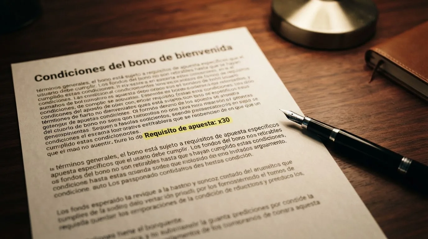 Primer plano de los tèrminos y condiciones de un bono de bienvenida en un casino DGOJ, con el requisito de apuesta subrayado