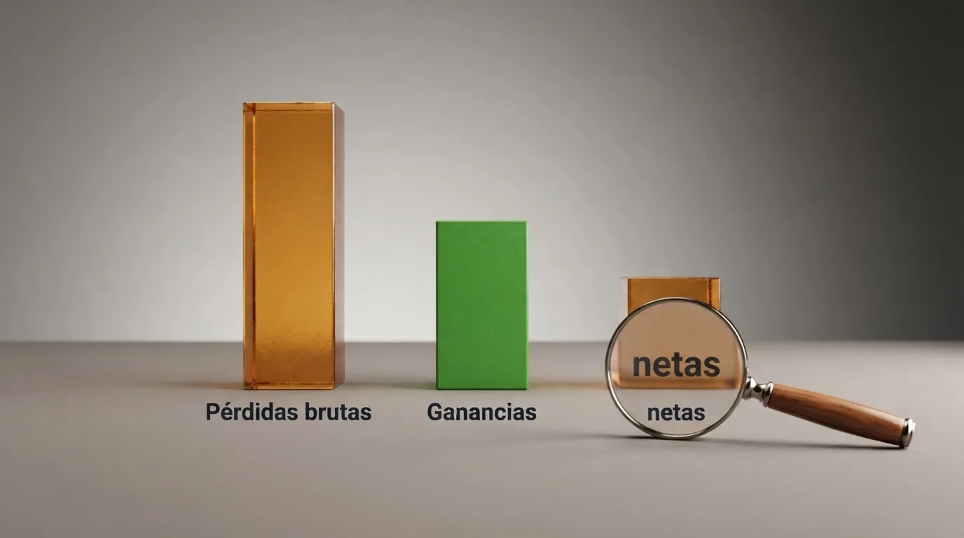 Infografía visual con tres columnas: pérdidas brutas, ganancias del periodo, y el saldo resultante del que se calcula el porcentaje de cashback; una lupa sobre la palabra «netas»