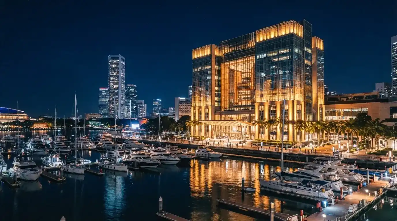 Fachada nocturna del edificio del Casino Barcelona en Port Olimpic, con la iluminacion reflejada en el puerto deportivo y la torre Mapfre al fondo