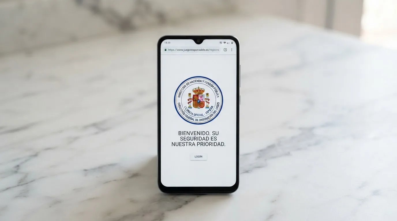 Sello de la Dirección General de Ordenación del Juego en la pantalla de un teléfono móvil junto a la URL .es del operador