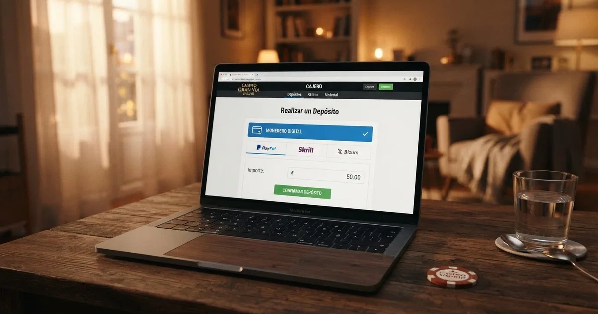 Pantalla de casino online español mostrando PayPal como métod de pago seleccionable en la caja de depósito