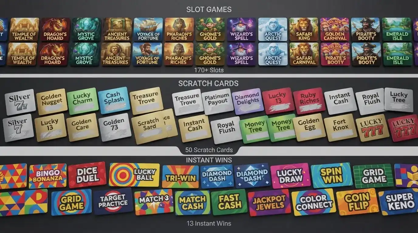Mosaico de carátulas de slots, rascas y juegos Dare2Win de Hacksaw Gaming organizados por línea de producto