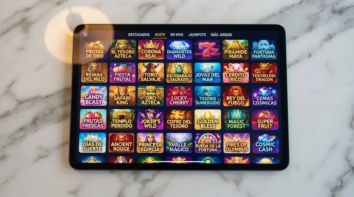 Interfaz del loby de tragaperras de Casino Barcelona, con miniaturas de slots de Playtech, Pragmatic Play y NetEnt ordenadas por categorias