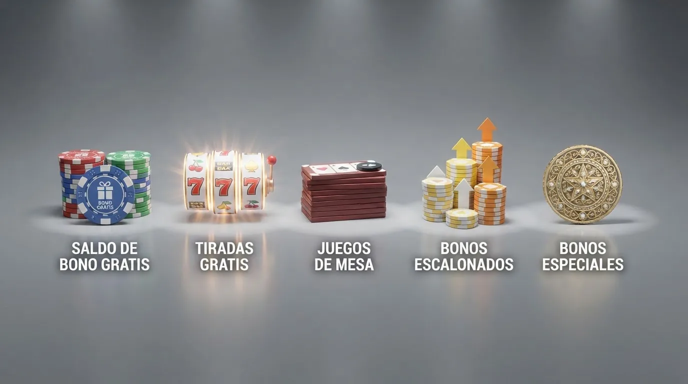 Comparativa visual de los cinco formatos de bono sin depósito: saldo en efectivo, tiradas gratis, fichas, bonos por fases y bonos de nicho
