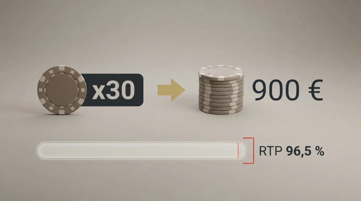 Esquema visual del cálculo de un requisito de apuesta: importe del bono, multiplicador y volumen total exigido antes de retirar