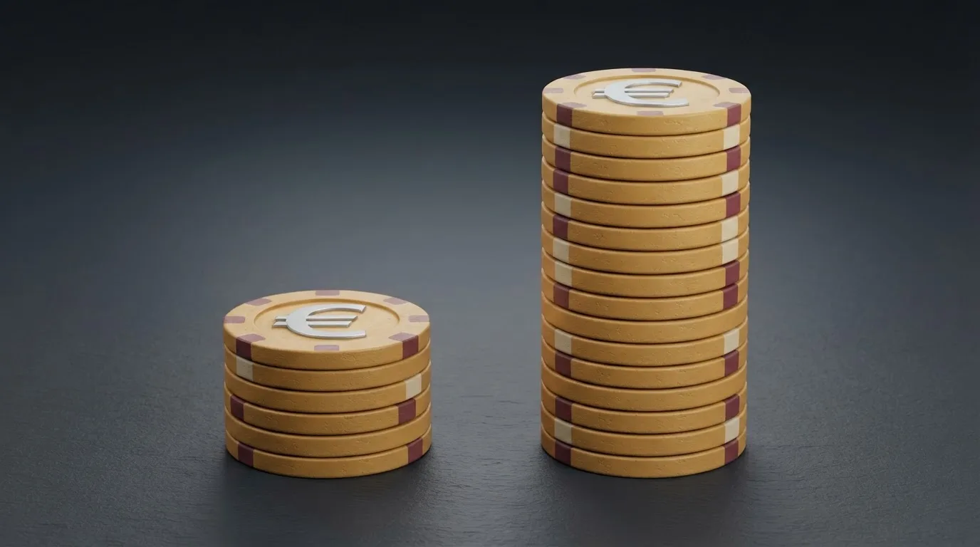 Ilustración con dos columnas de monedas: una pila pequeña etiquetada como BCH y otra mucho más alta como BTC, con símbolos de euro junto a cada una
