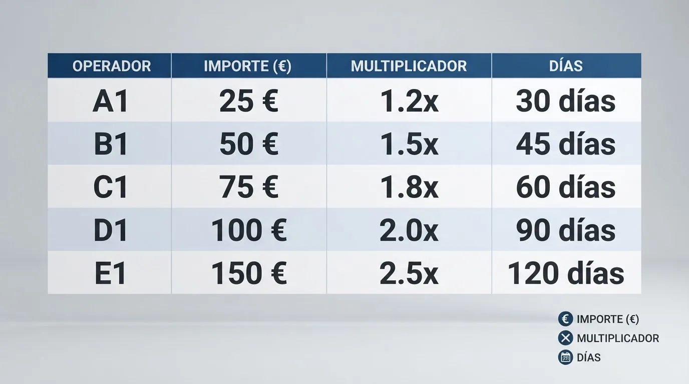 Representación visual de una tabla comparativa con columnas de operador, importe del bono, rollover y plazo; los valores aparecen ordenados para destacar las diferencias entre las distintas ofertas