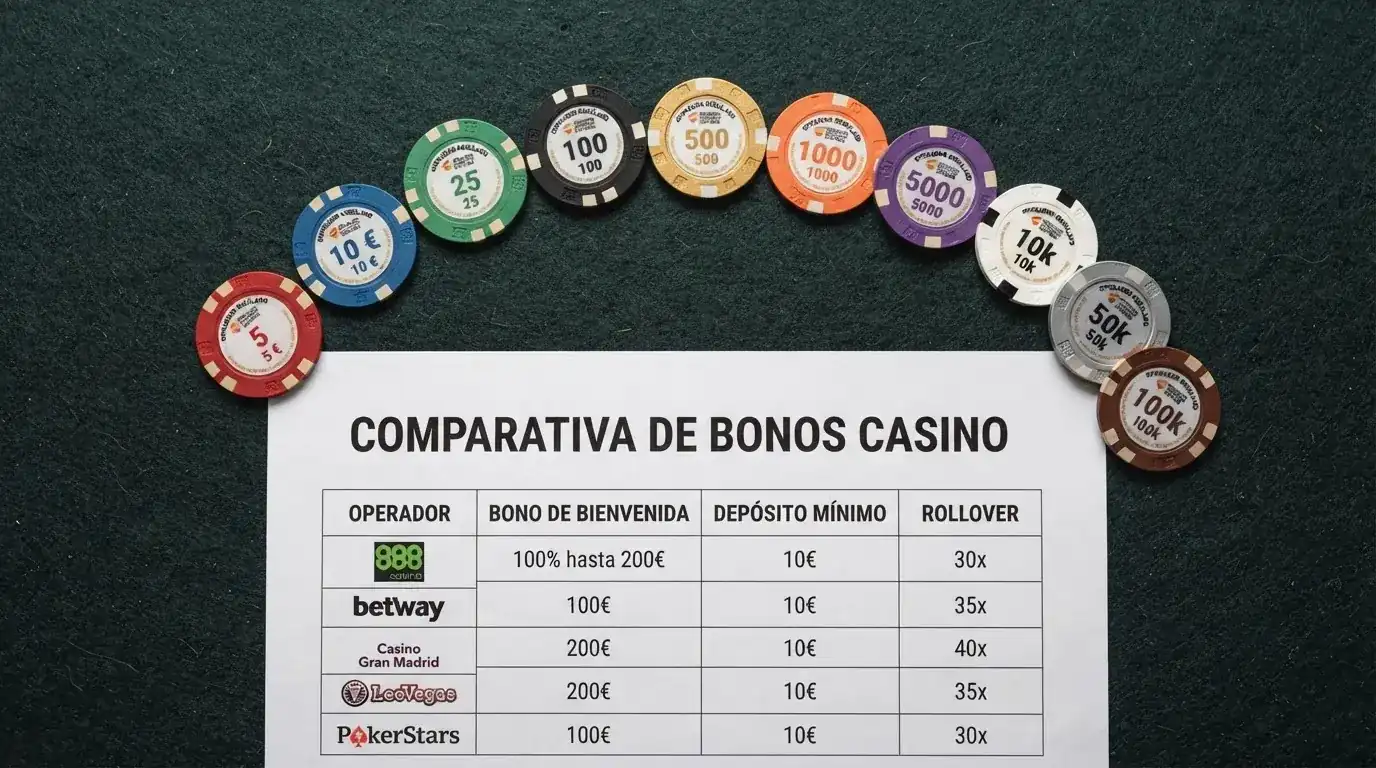 Vista cenital de una mesa con diez fichas de póquer de distintos colores, cada una con el nombre de un operador, dispuestas sobre una tabla comparativa impresa con columnas de bono, depósito y rollover