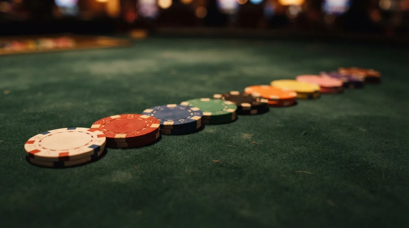 Diez fichas de casino alineadas sobre una mesa de juego, cada una con el logotipo de un operador distinto y un porcentaje de cashback visible; las tres primeras iluminadas