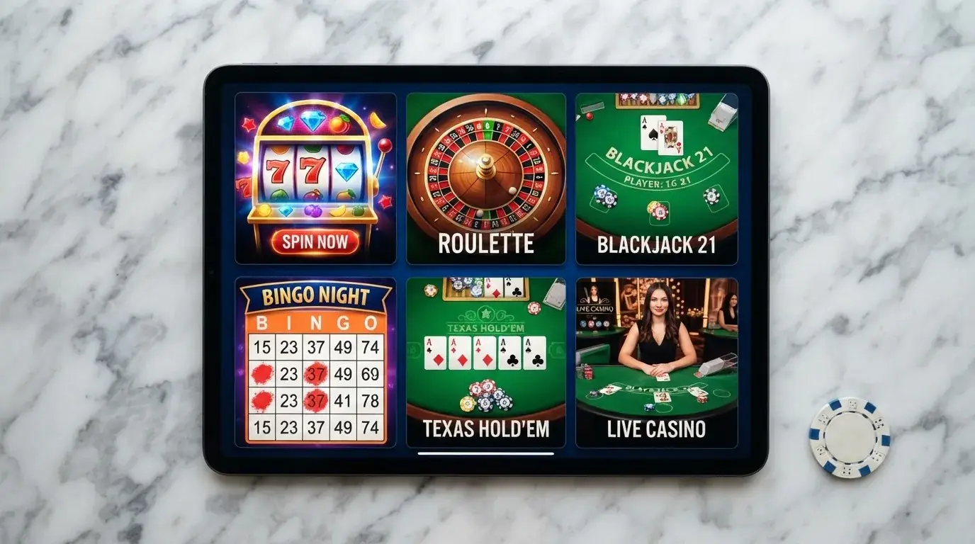Pantalla dividida con fichas de casino online mostrando nombre, bono y requisito de apuesta de varios operadores DGOJ