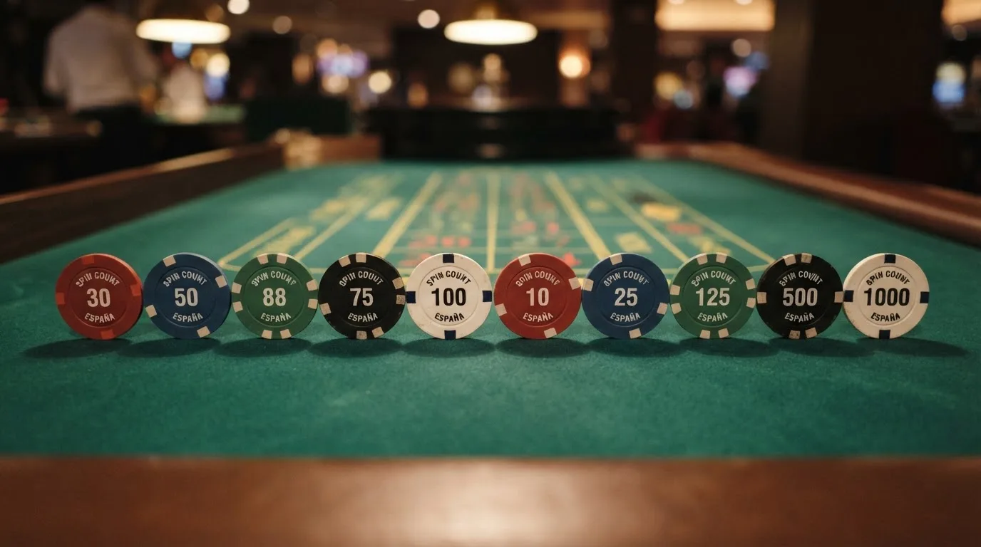 Diez fichas de casino alineadas sobre una mesa de juego verde, cada una con el logotipo de un operador español distinto y un número de tiradas grabado