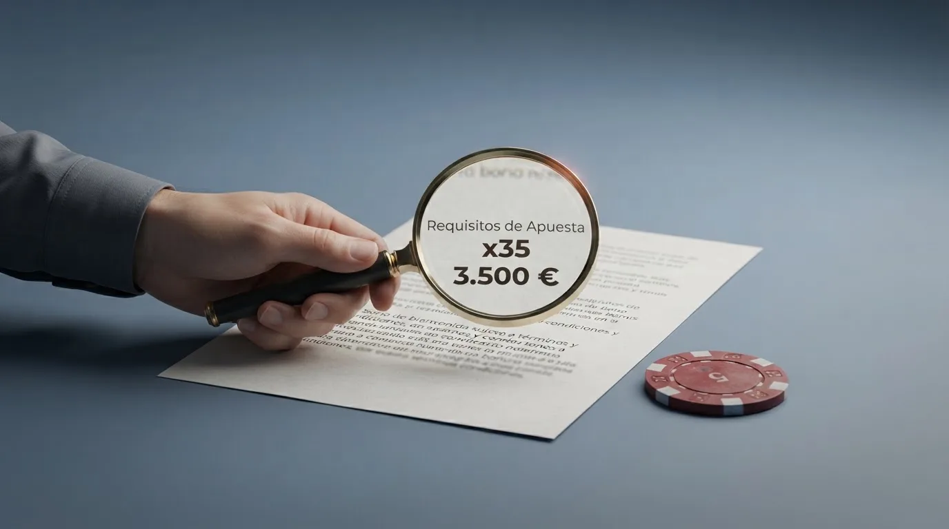 Primer plano de los términos y condicioines de un bono de casino con los requisitos de apuesta resaltados en pantalla