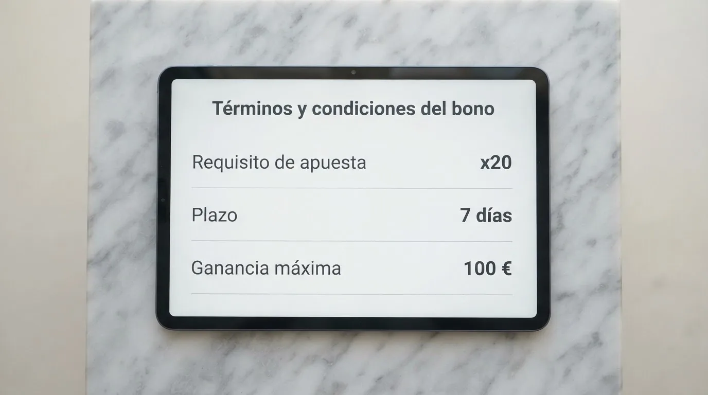 Pantalla con los términos y condiciones de un bono sin depósito: requisito de apuesta, plazo de validez y límite de ganancias