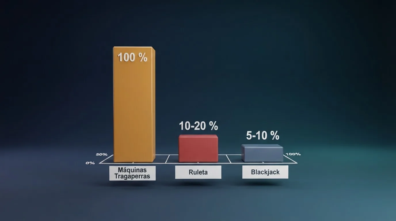 Gráfico de barras con tres columnas que muestra los porcentajes de contribución al rollover: tragaperras 100 %, ruleta 10-20 %, blackjack 5-10 %