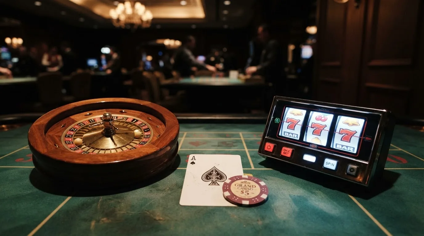 Primer plano de una ruleta, una ficha de blackjack y una pantalla de tragaperras dispuestas en abanico sobre el tapete verde de un casino
