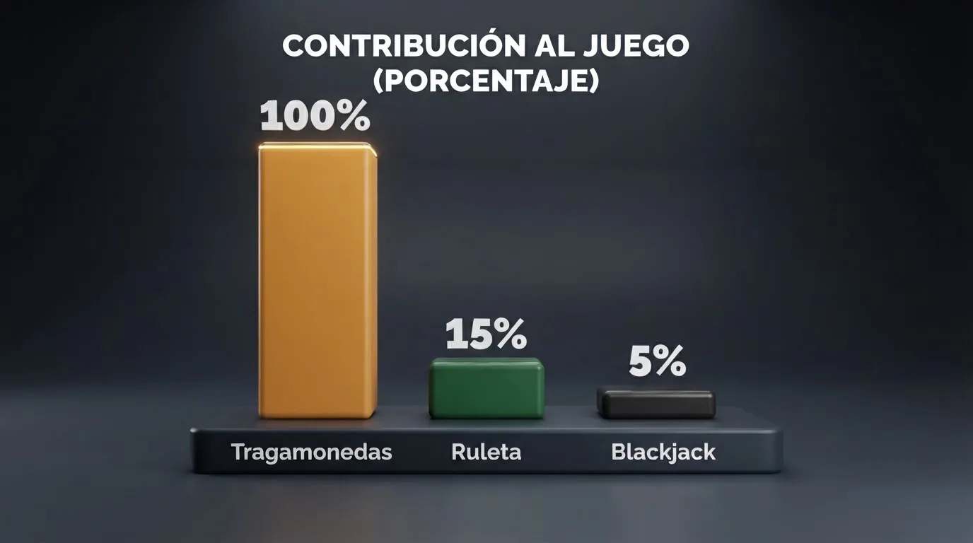 Una tabla o esquema visual con los porcentajes de contribución al rollover de tragaperras, ruleta y blackjack.
