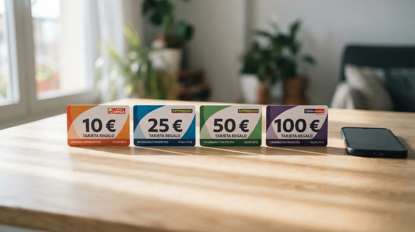 Varios vales Neosurf de 10, 25, 50 y 100 euros alineados sobre una mesa junto a un teléfono