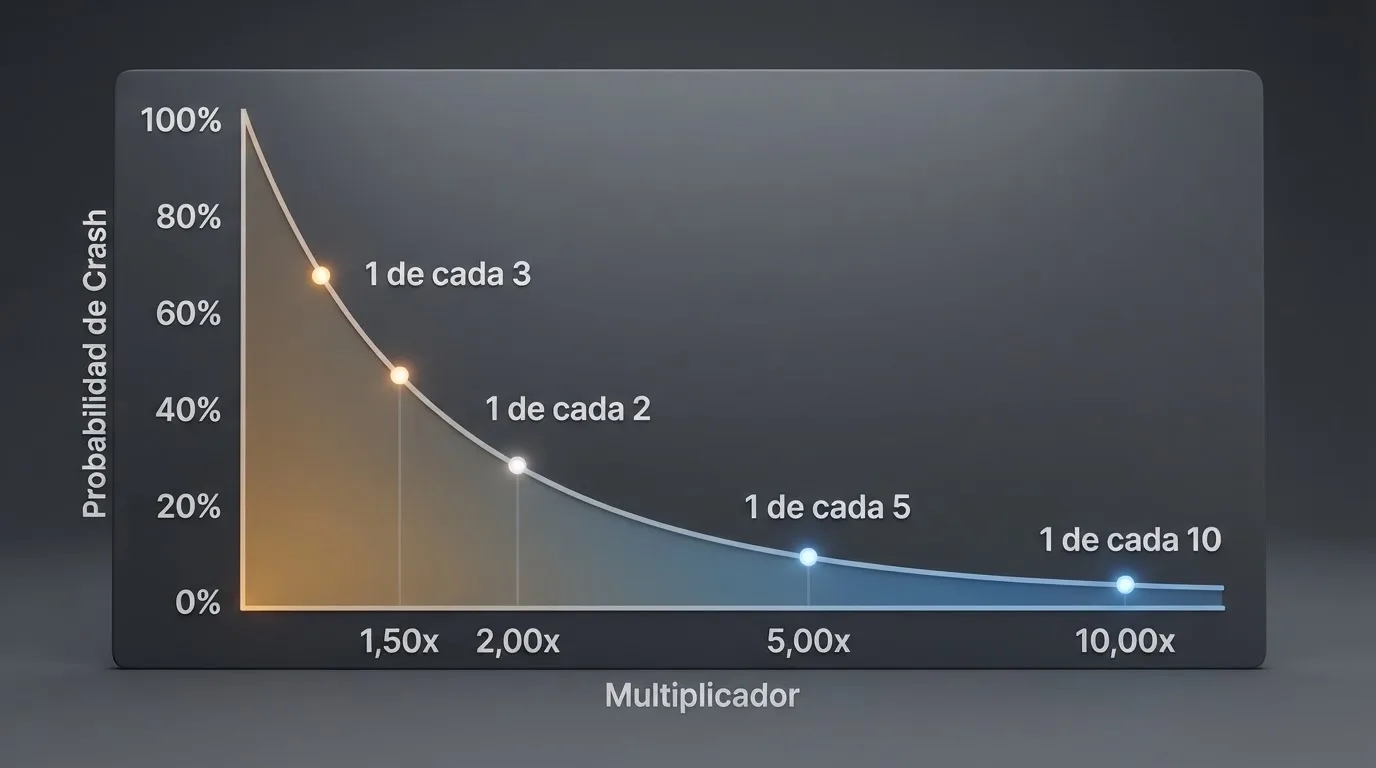 Gráfico de la distribución de probabilidad de crash de Aviator: curva exponencial con marcadores en 1,50x, 2,00x, 5,00x y 10,00x