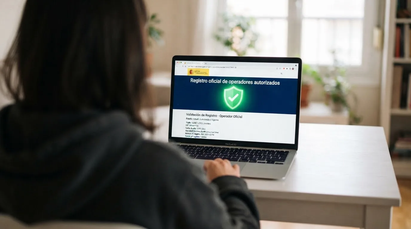 Captura del registro público de operadores con licencia en ordenacionjuego.es junto al aviso de dominio .es como señal de operador autorizado