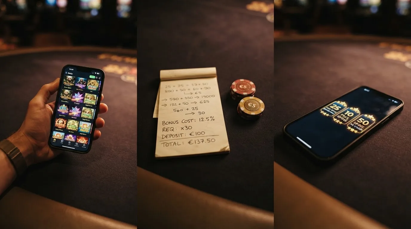 Composición que muestra tres perfiles de jugador distintos junto a los elementos que cada uno debería priorizar: catálogo, requisito de apuesta o tiradas sin rollover
