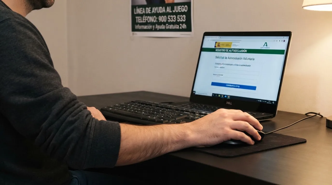 Una mano sobre el ratón junto a un teclado, con la pantalla mostrando el portal de autoexclusión de la DGOJ y el logotipo de FEJAR en un segundo plano
