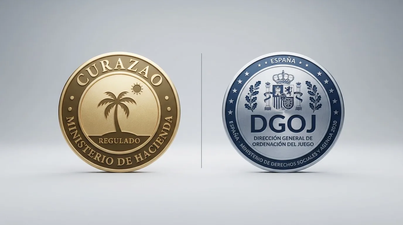 Comparativa visual entre el sello de una licencia de juego de Curazao y el logotipo de la DGOJ, separados por una línea divisoria