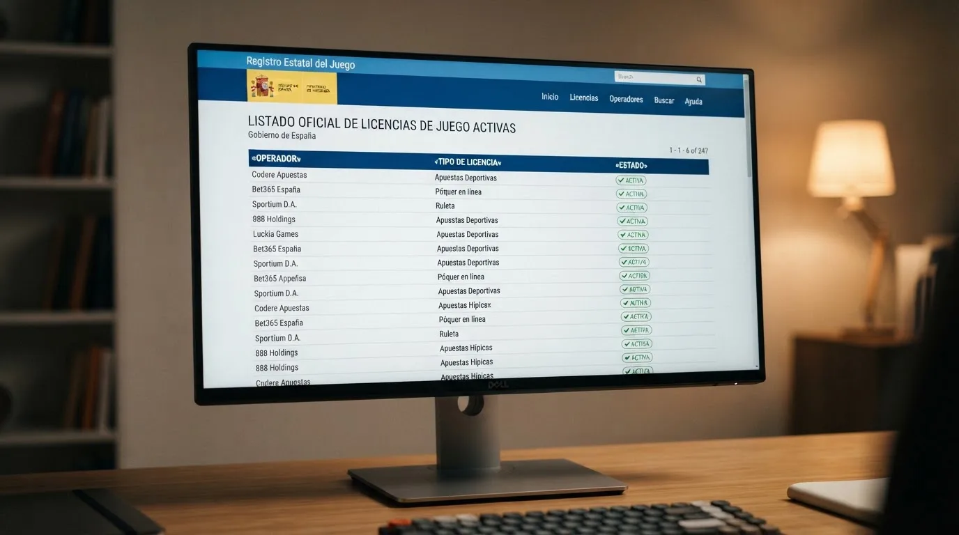 Pantalla del registro oficial de la DGOJ (ordenacionjuego.es) con el listado de operadores con licencia en Españ a