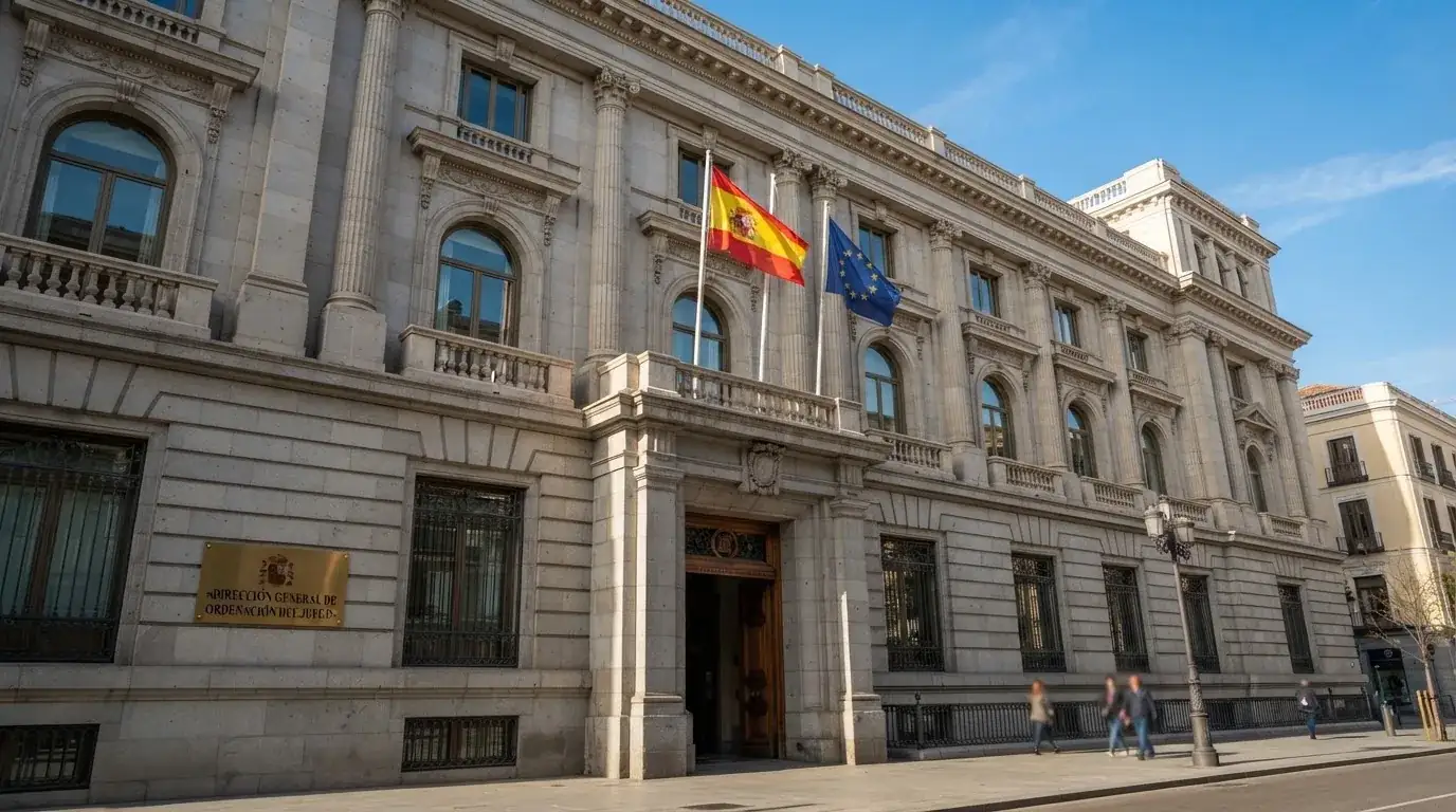 Fachada del edificio de la Dirección General de Ordenación del Juego en Madrid, con la bandera de España y de la Unión Europea.