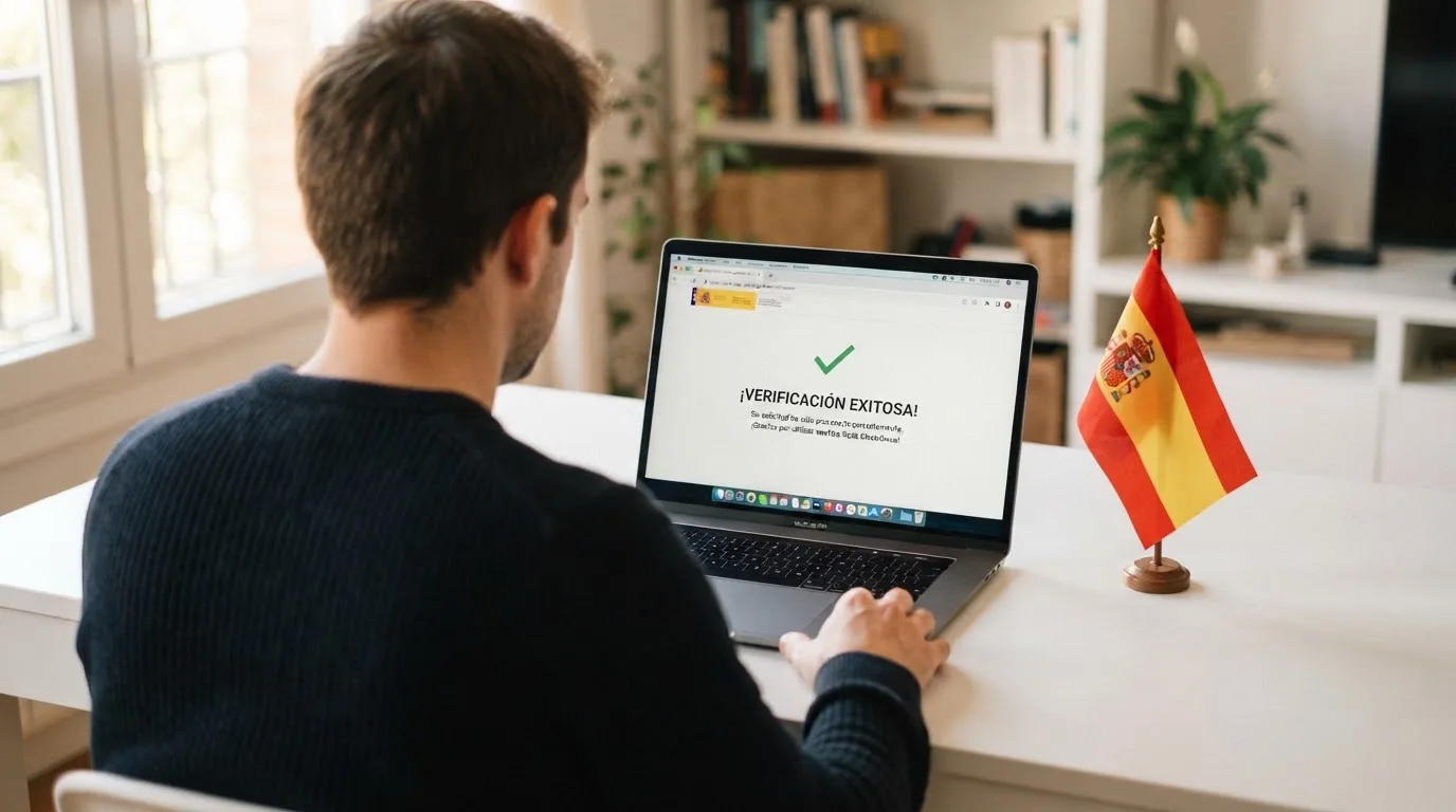 Primer plano de un documento oficial con el sello de la DGOJ y la bandera de España al fondo, junto a un dominio .es visible en la barra de direcciones de un navegador