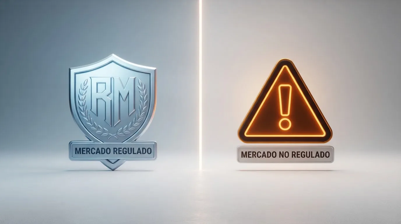 Esquema visual con el escudo de la DGOJ a la izquieda y un signo de advertencia a la derecha, separando el mercado regulado del offshore