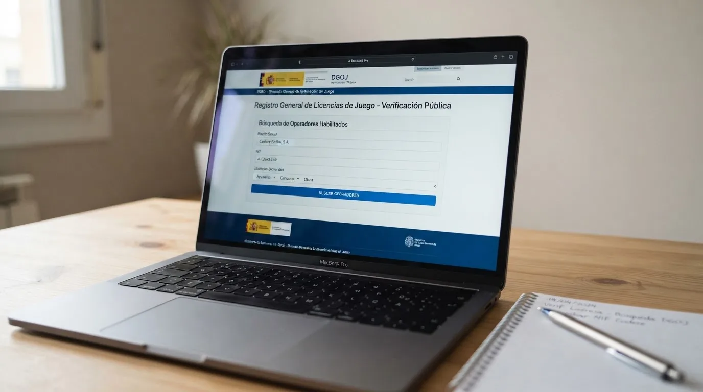Captura del buscador público de la DGOJ en ordenacionjuego.es mostrando la ficha de un operador con su razón social, NIF, licencias generales y singulares, y homologación de sistema técnico