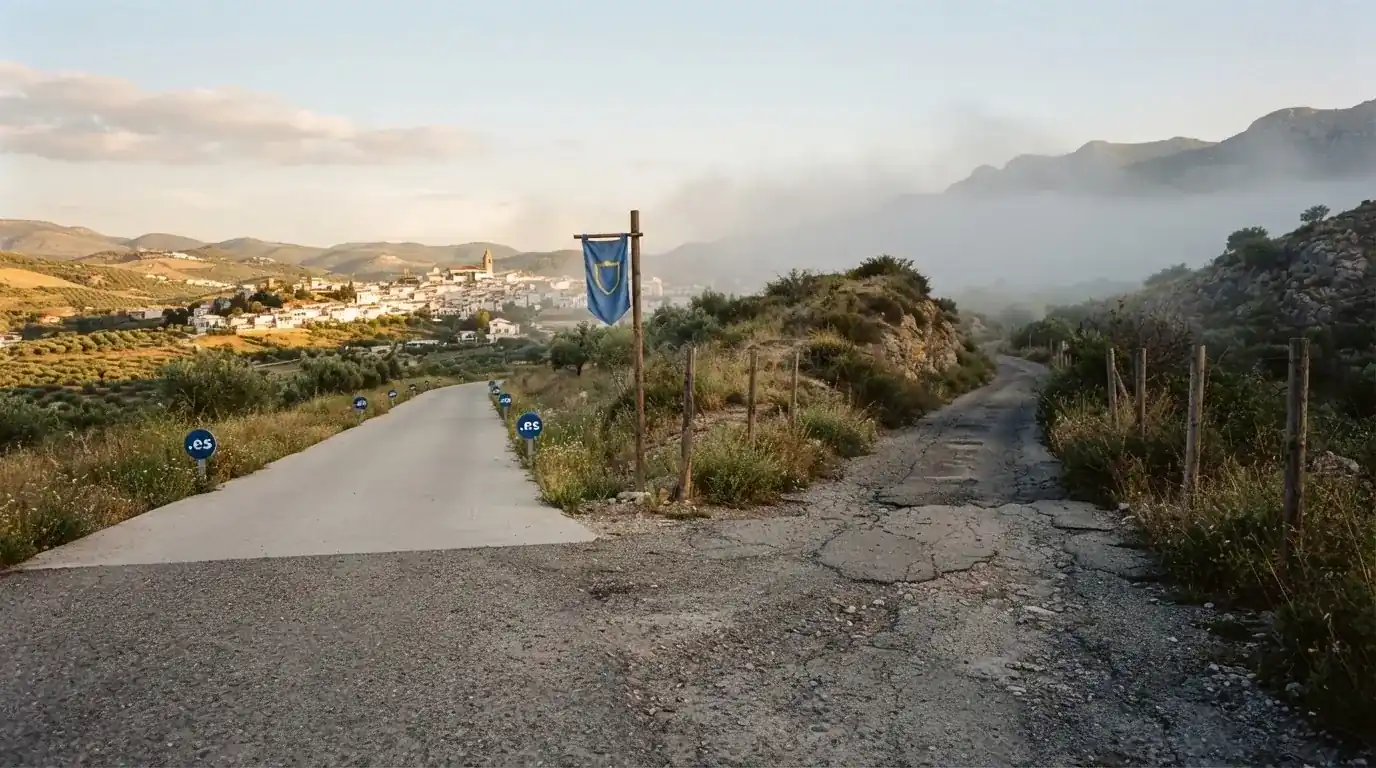 Dos caminos divergentes: uno señalizado con el dominio .es y el escudo de la DGOJ, otro sin señalizar que conduce a un signo de interrogación