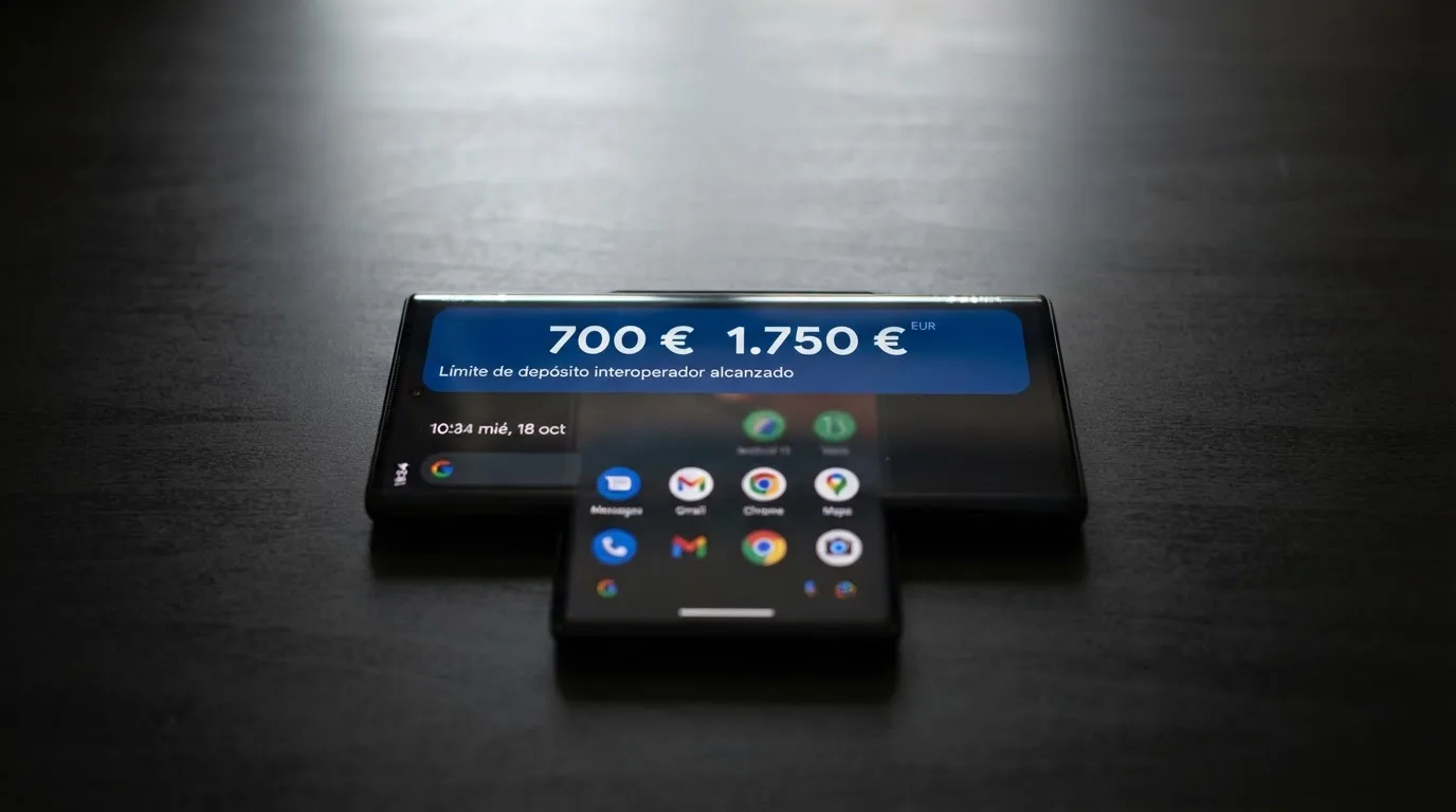 Un teléfono móvil mostrando una notificación de la DGOJ con los importes de 700 € y 1.750 € destacados sobre un fondo azul institucional