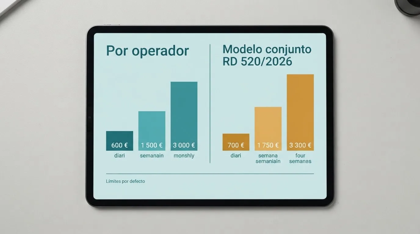 Infografía con los dos sistemas de límites de depósito en España: el modelo por operador y el nuevo modelo conjunto del RD 520/2026