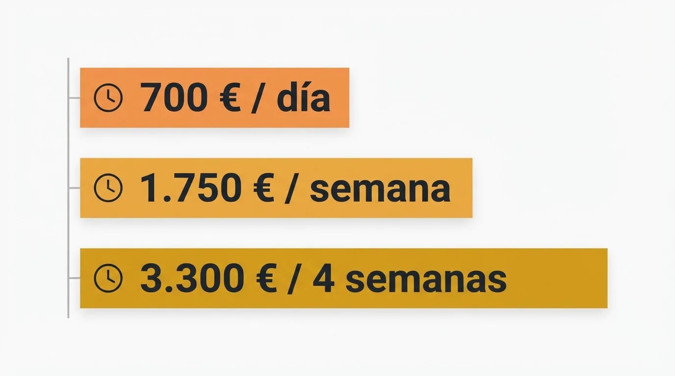 Infografía con los tres umbrales del RD 520/2026: 700 € diarios, 1.750 € semanales y 3.300 € cada cuatro semanas, con sus franjas horarias