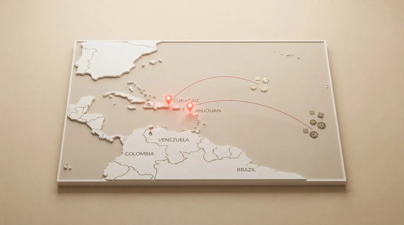 Mapa estilizado con chinchetas sobre Curazao y Anjouan conectadas por líneas a iconos de casinos, sin ninguna chincheta sobre España