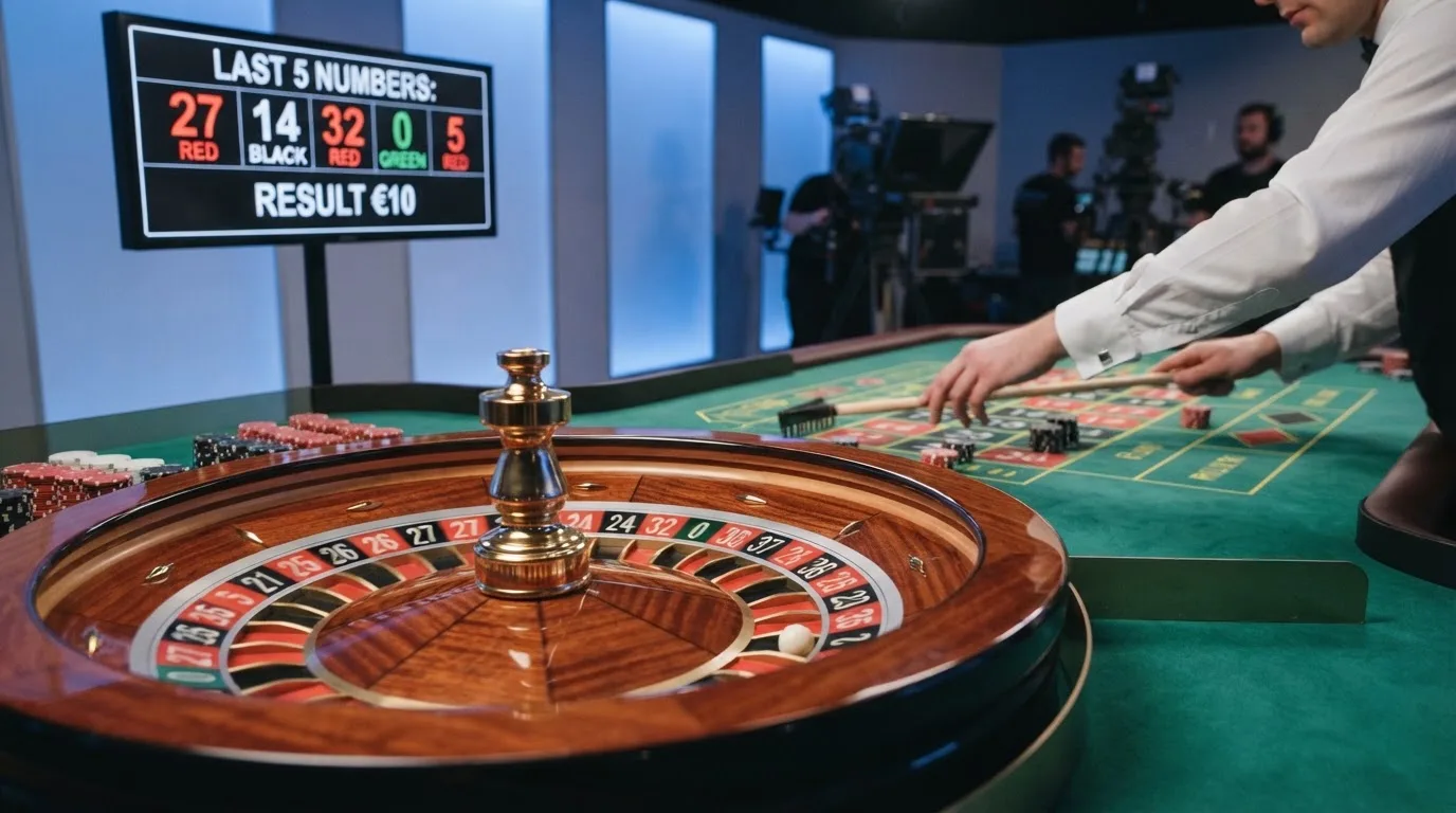 Mesa de ruleta en vivo con crupier real en primer plano, pantalla de apuestas digital y fondo de estudio con iluminación profesional