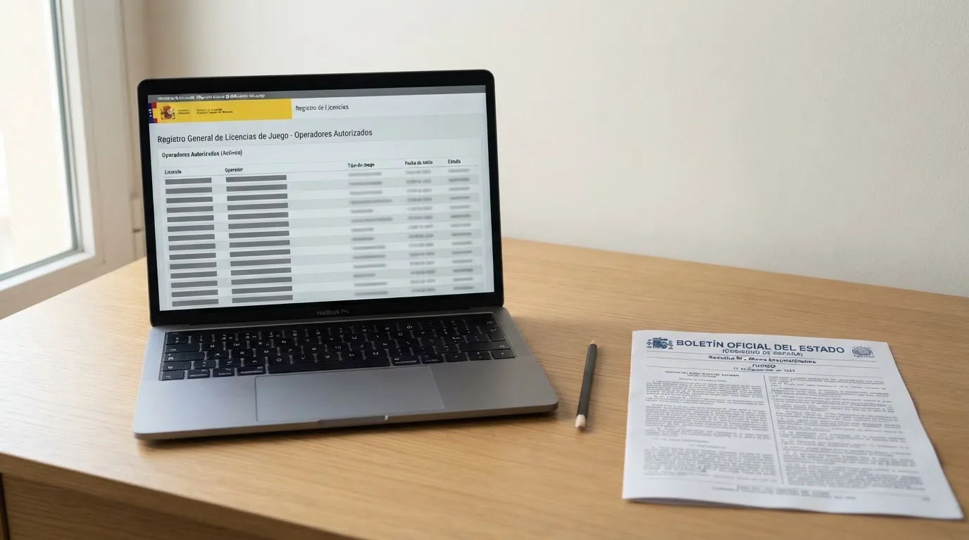 Una captura de pantalla del registro oficial de operadores de la DGOJ con el listado de licencias visibles, junto a un documento del BOE abierto sobre la mesa