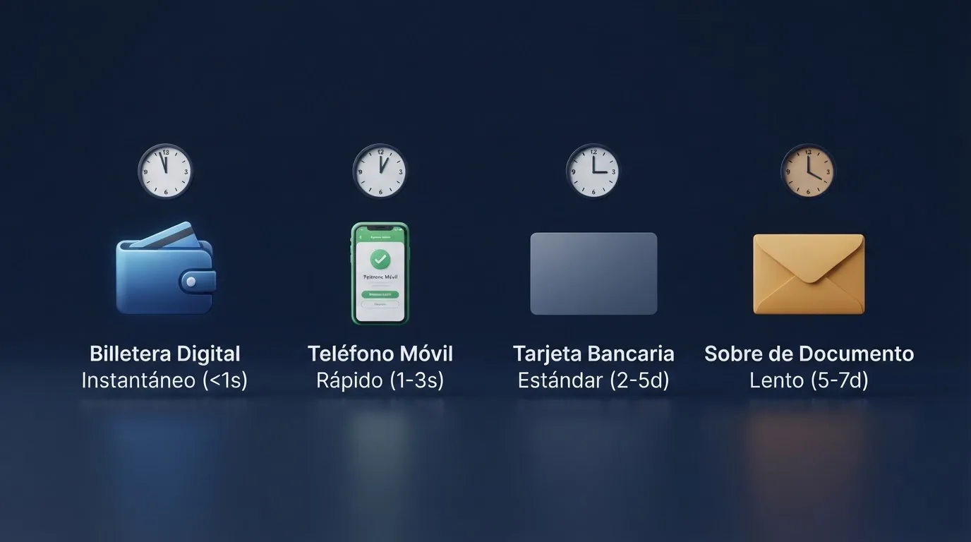 Comparativa visual de métods de pago: PayPal, Bizum, tarjeta bancaria y transferencía con iconos de veloidad y disponibilid