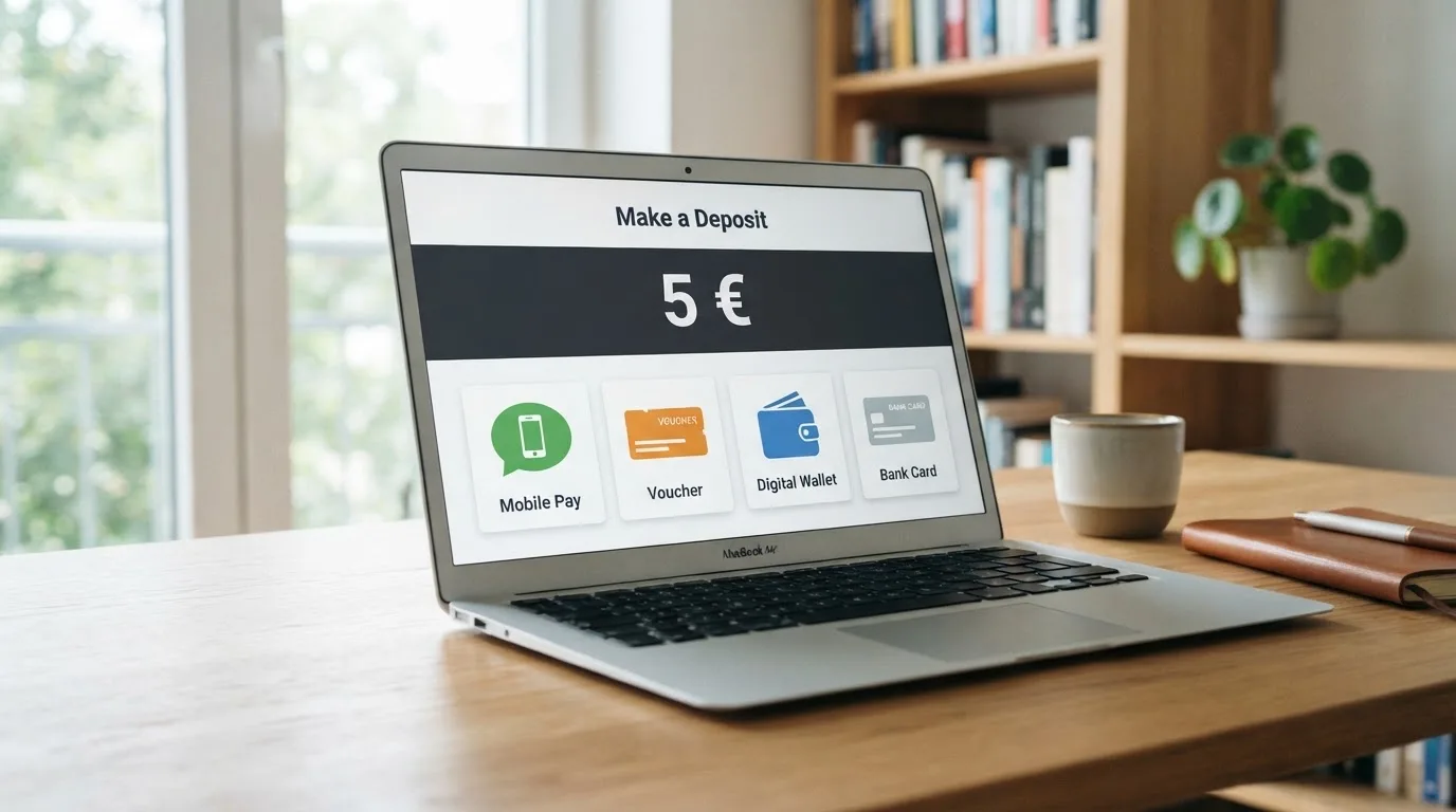 Pantalla de un casino online mostrando los iconos de Bizum, Paysafecard, PayPal y tarjeta como opciones de depósito desde 5 €
