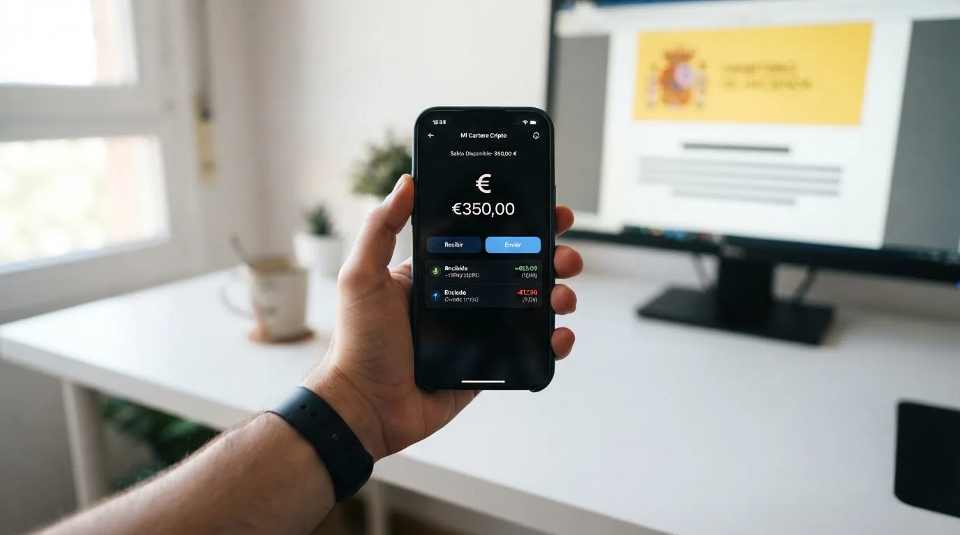 Una mano sostiene un teléfono con una app de wallet de criptomonedas abierta; al fondo, difuminado, el logotipo de la DGOJ en una pantalla de ordenador