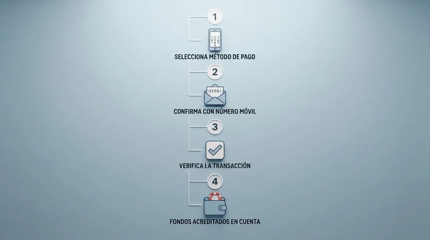 Infografía de los cuatro pasos del depósito por carrier billing: introducir número, recibir SMS con código, confirmar el cargo y ver el saldo acreditado en la cuenta de juego