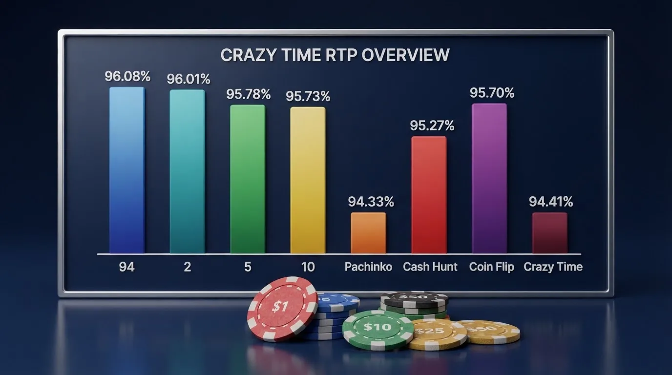 Tabla con los ocho tipos de apuesta de Crazy Time y su porcentaje de retorno teórico junto a fichas de colores sobre la mesa de juego