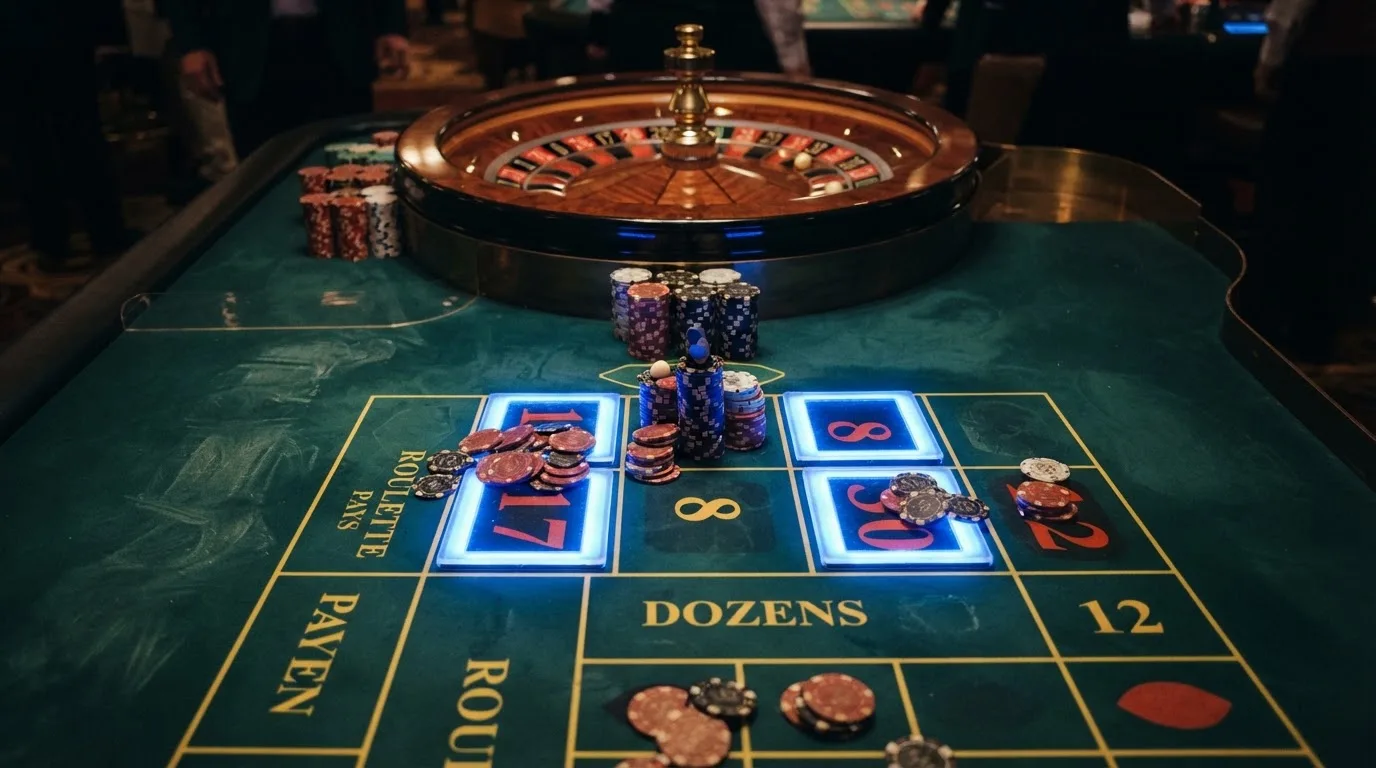 Interfaz del juego Lightning Roulette de Evolution con los números multiplicadores iluminados sobre el tapete