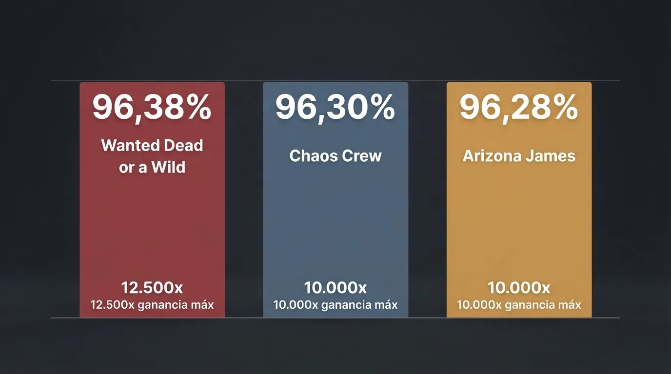 Ficha comparativa de tres slots de Hacksaw Gaming —Wanted Dead or a Wild, Chaos Crew y Arizona James— con sus porcentajes de RTP y premios máximos