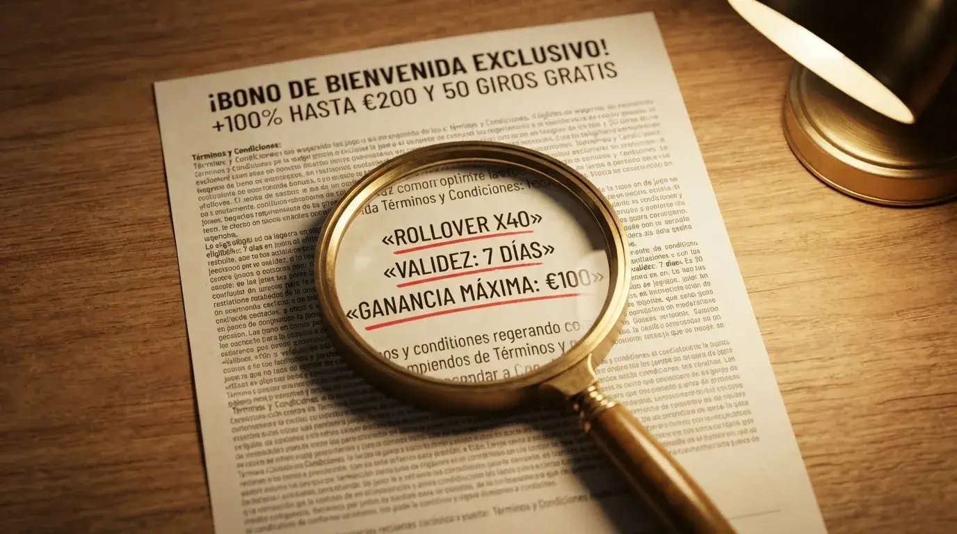 Primer plano de una lupa sobre la letra pequeña de un folleto de casino, con los términos «rollover», «validez» y «ganancia máxima» resaltados.
