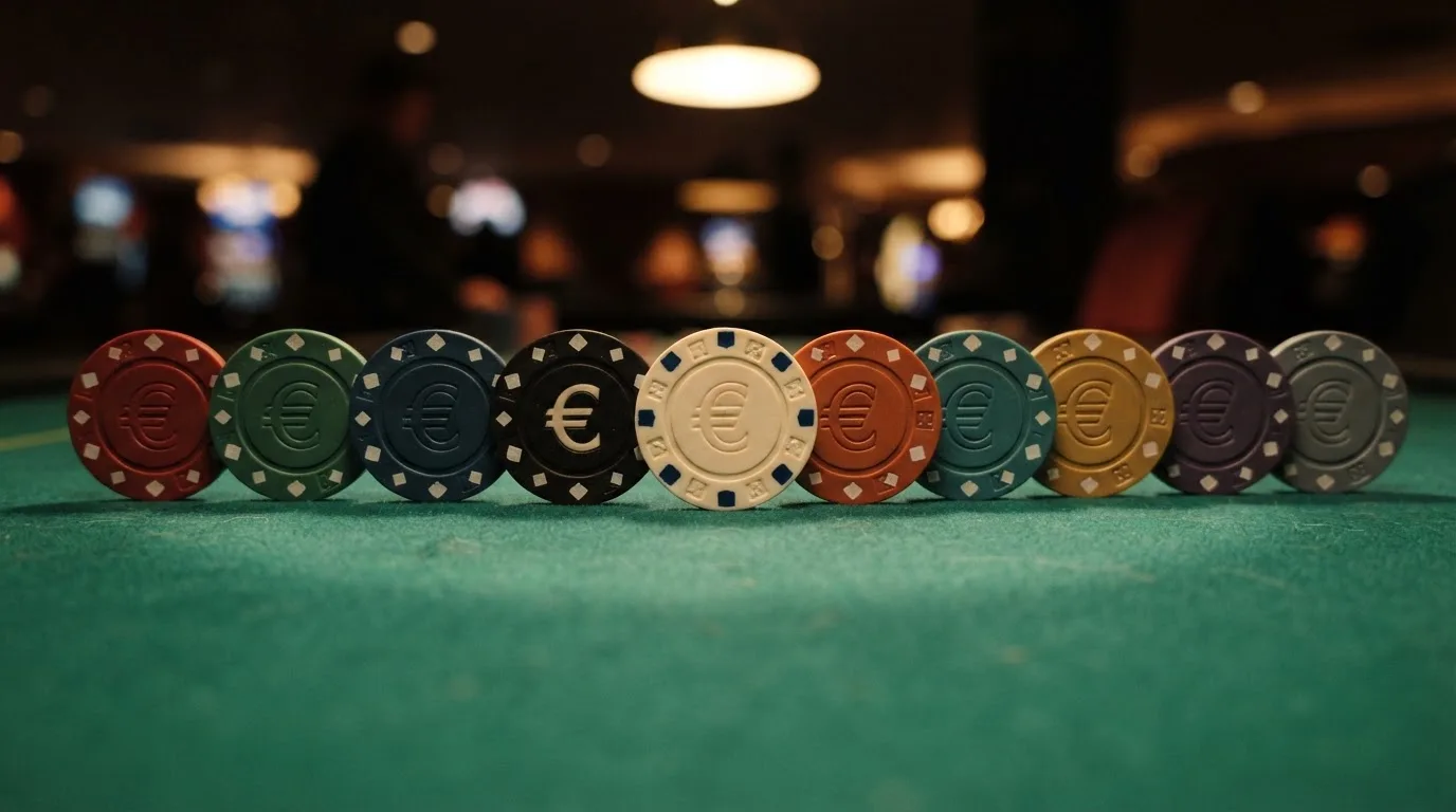 Diez fichas de casino alineadas sobre un tapete, cada una con un valor de bono distinto grabado y el nombre de uno de los operadores comparados