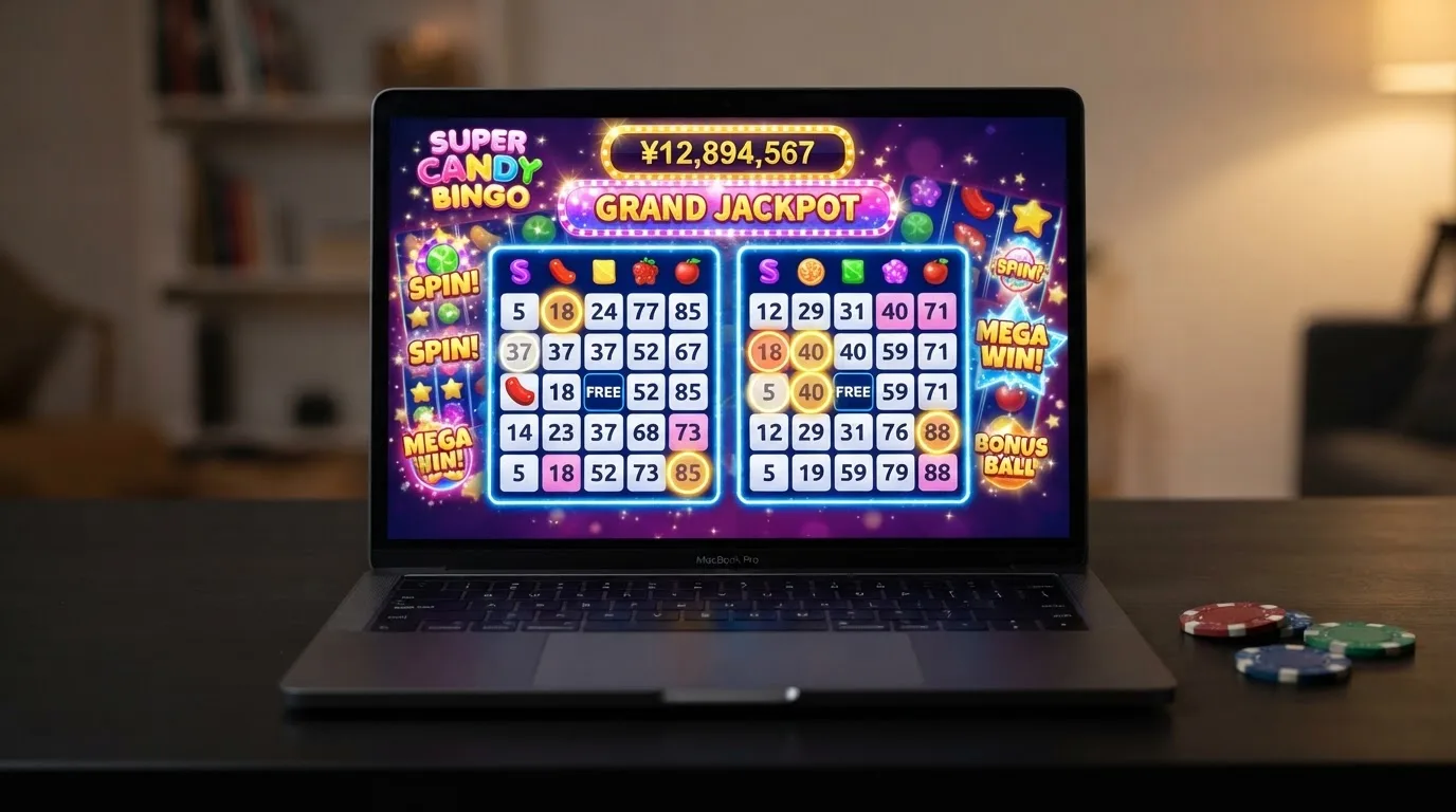 Una pantalla de video bingo con gráficos de tragaperras, cartones digitales y un bote progresivo en la parte superior